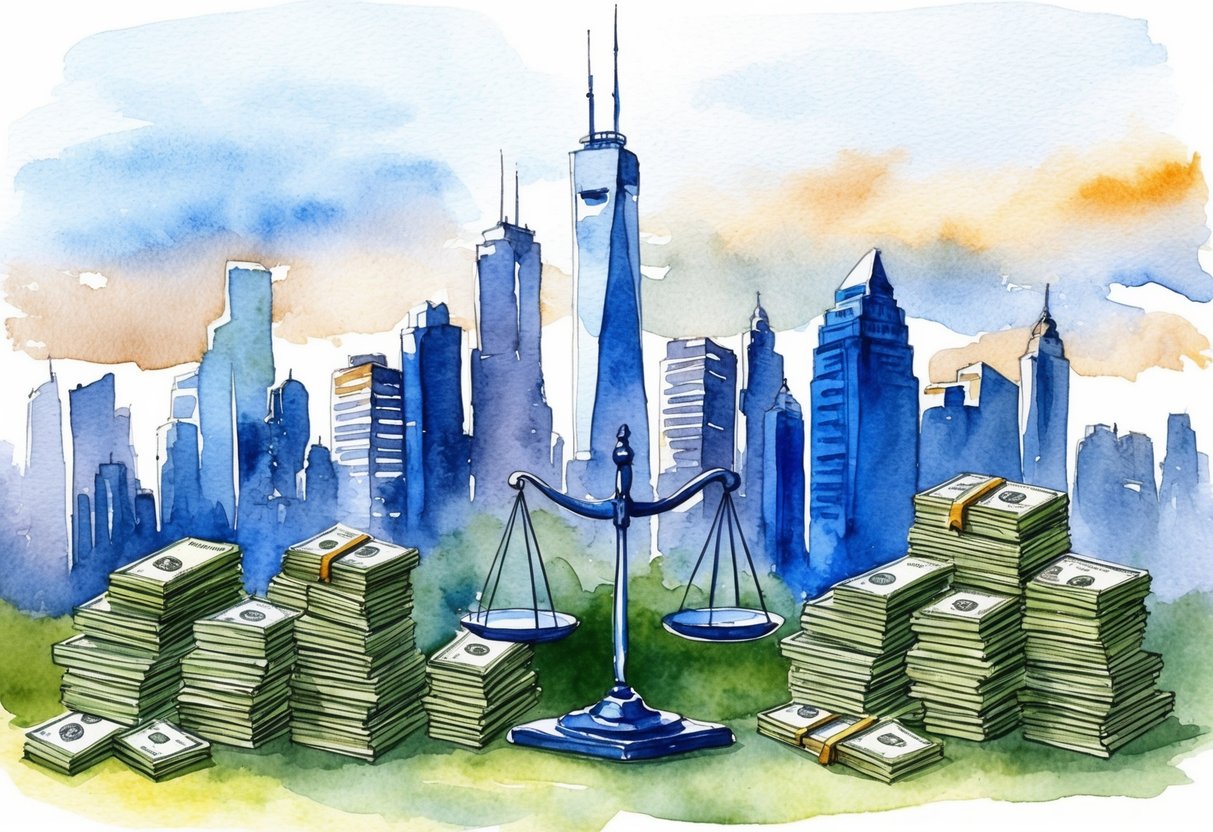 A bustling city skyline with stacks of money and a scale representing the economic and social impact of tax policies on millionaires