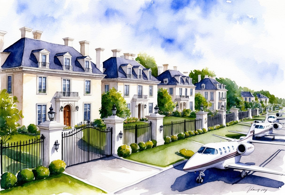 A row of luxury mansions surrounded by tall gates and lush gardens, with private jets parked on a nearby runway