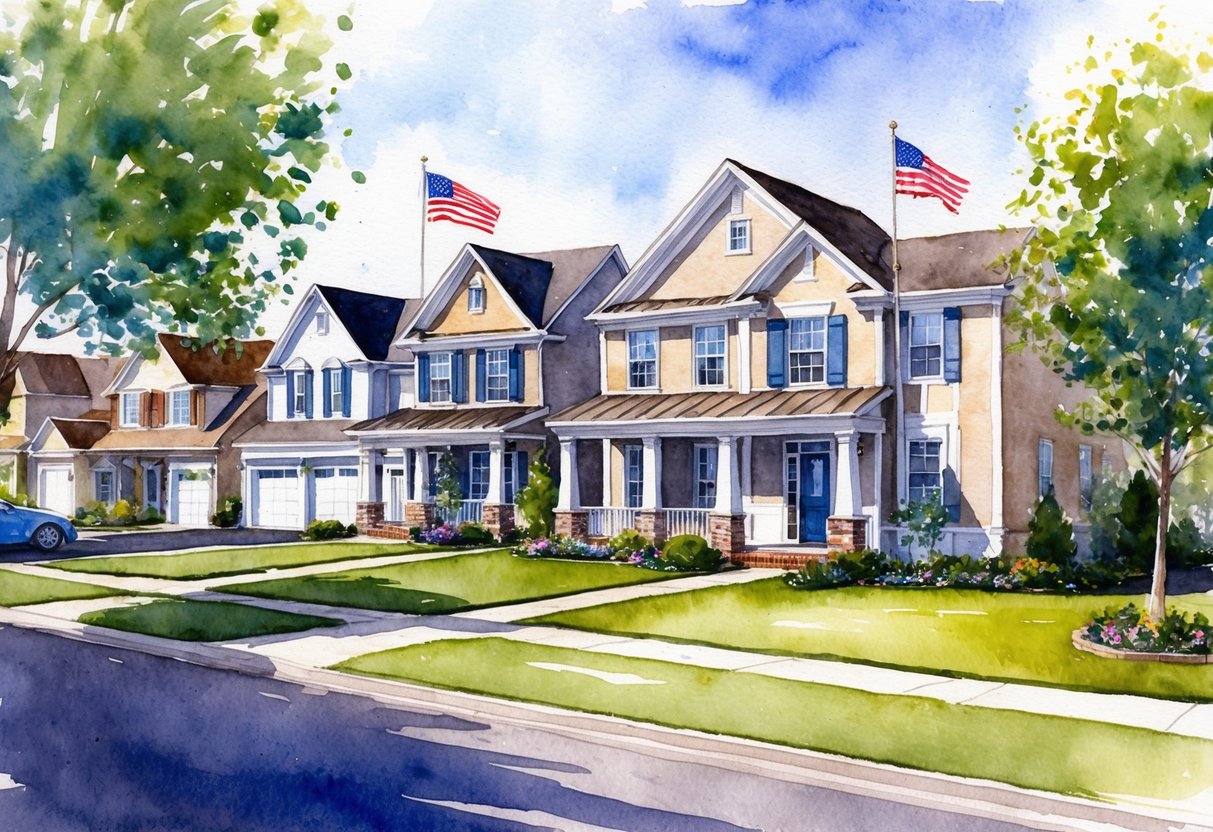 A suburban neighborhood with well-maintained houses, manicured lawns, and American flags flying proudly in front of each home