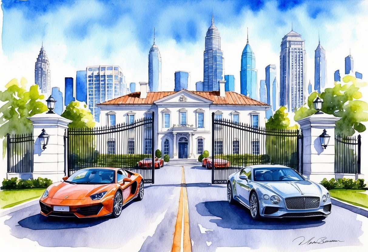 A luxurious mansion surrounded by tall gates and expensive cars, with a backdrop of skyscrapers and a clear blue sky