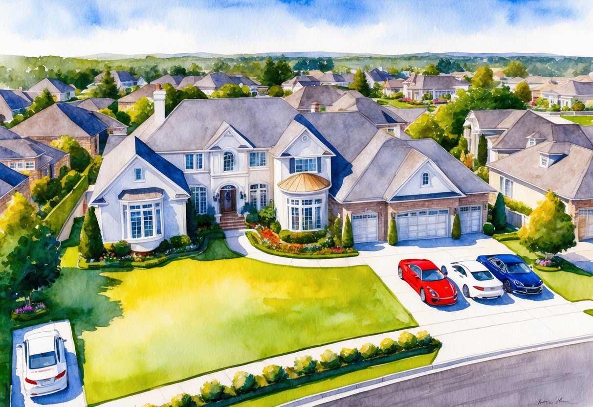 A sprawling suburban neighborhood with large, luxurious homes, manicured lawns, and expensive cars in the driveways
