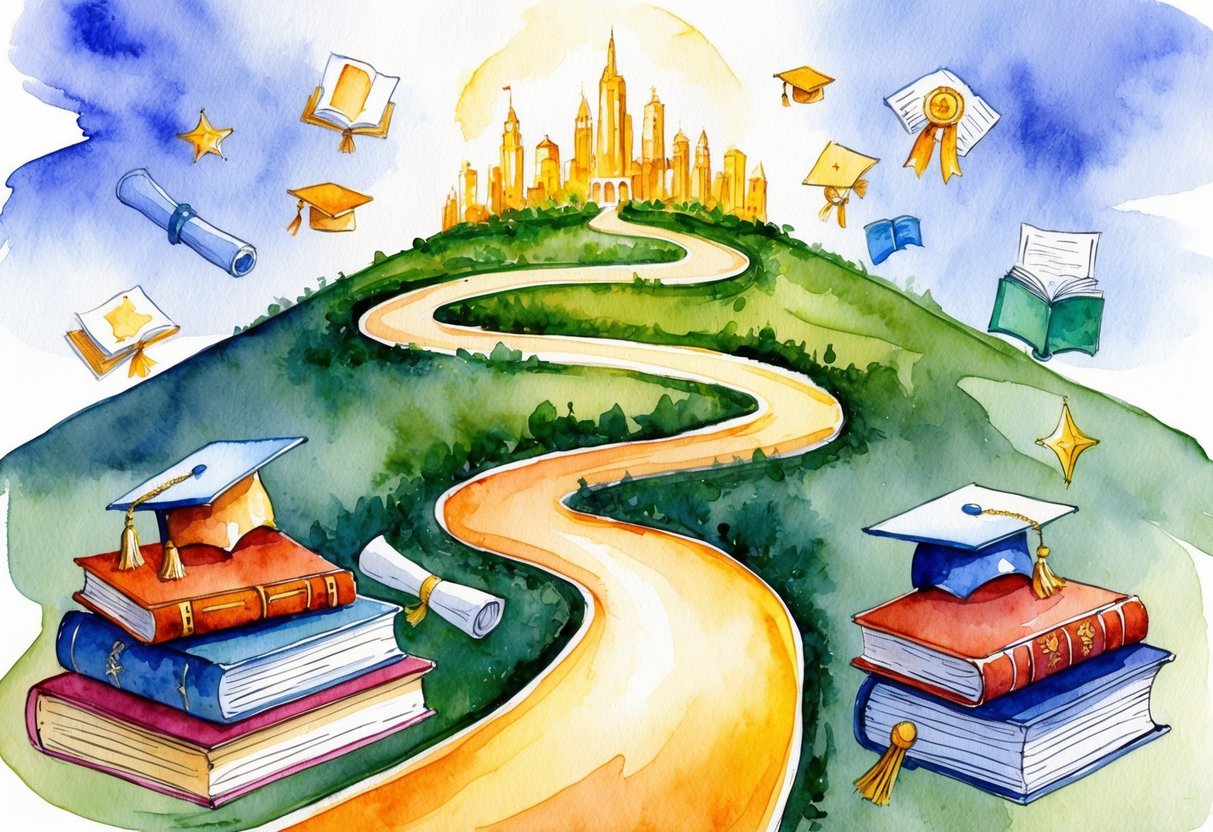 A winding path leading to a shining city on a hill, surrounded by books, diplomas, and symbols of success