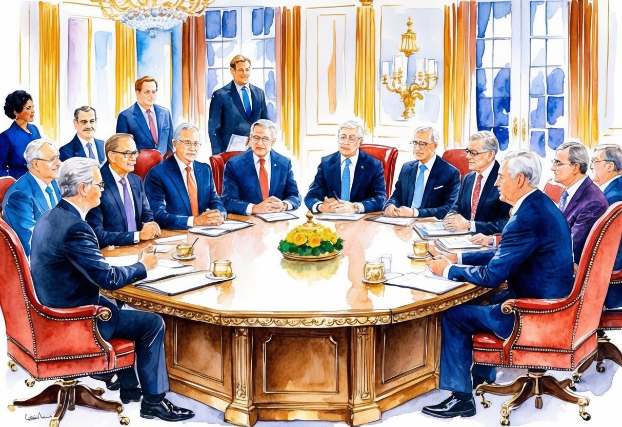 A group of millionaires discussing policy and legislation in a luxurious boardroom with opulent decor and high-end furnishings