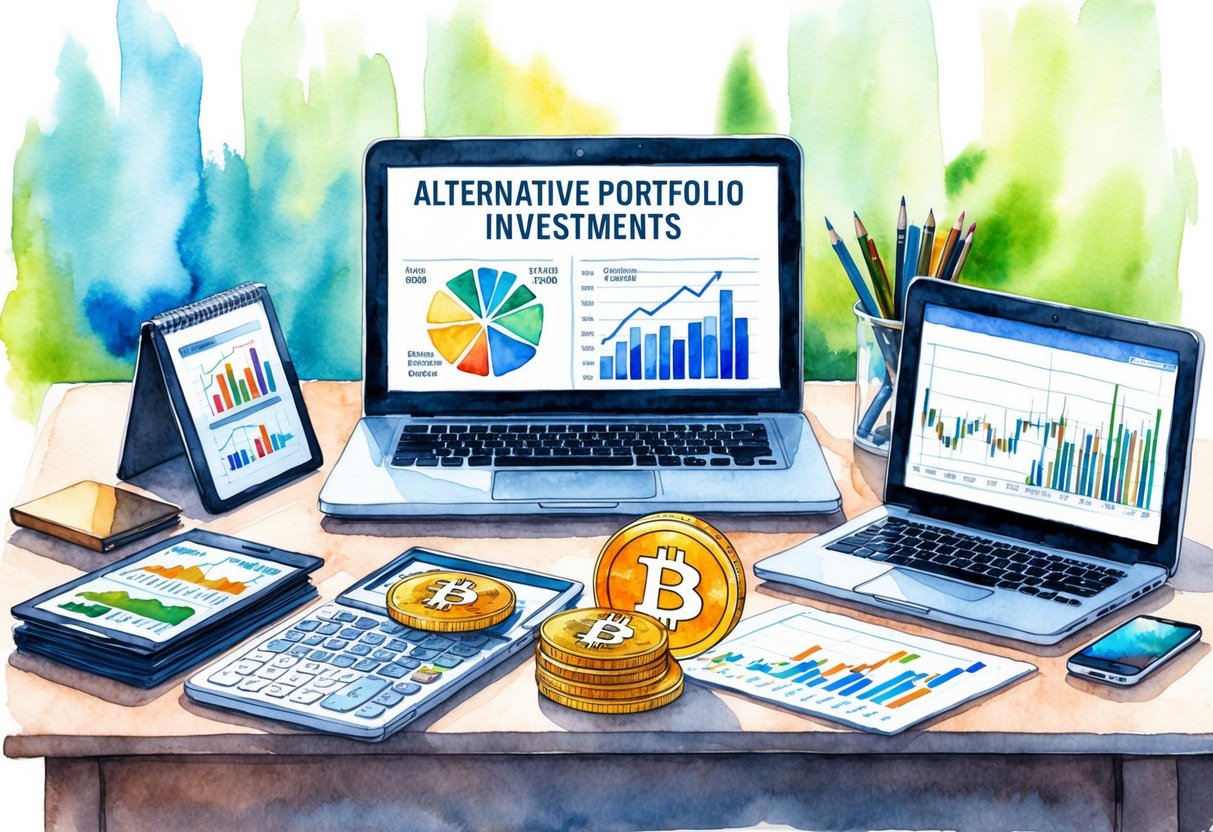 A diverse portfolio of alternative investments, including real estate, precious metals, and cryptocurrency, displayed on a desk with a laptop and financial charts