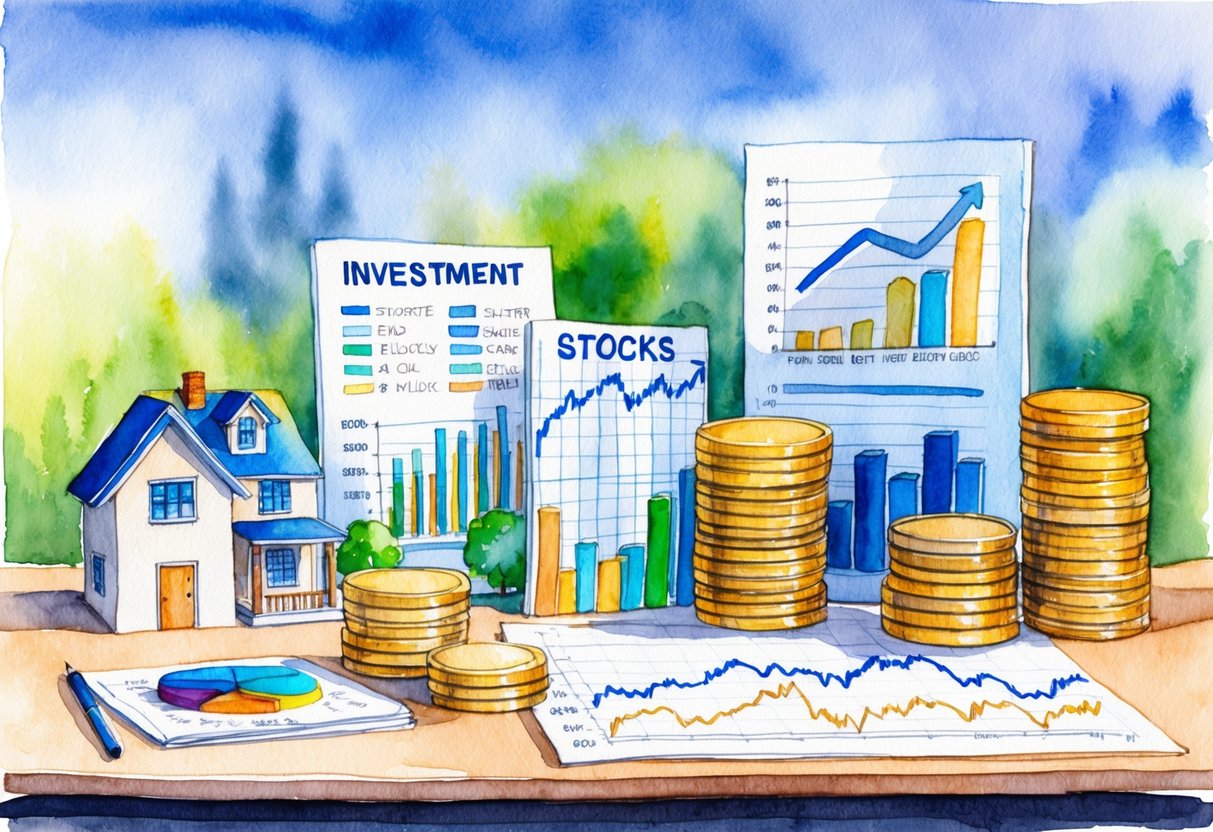 A diverse range of investment options, including real estate, stocks, and precious metals, displayed on a table with charts and graphs