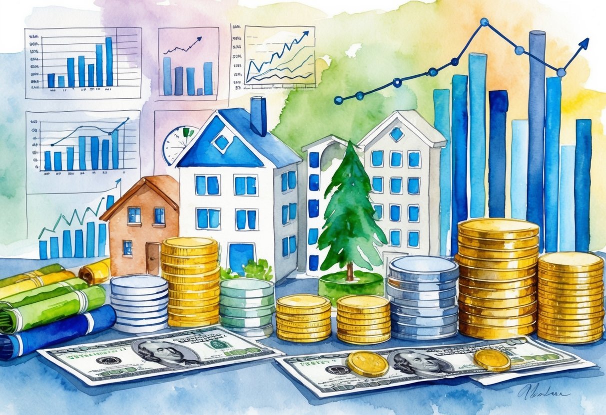 A diverse range of investment options, including real estate, stocks, and precious metals, are displayed on a table with charts and graphs in the background