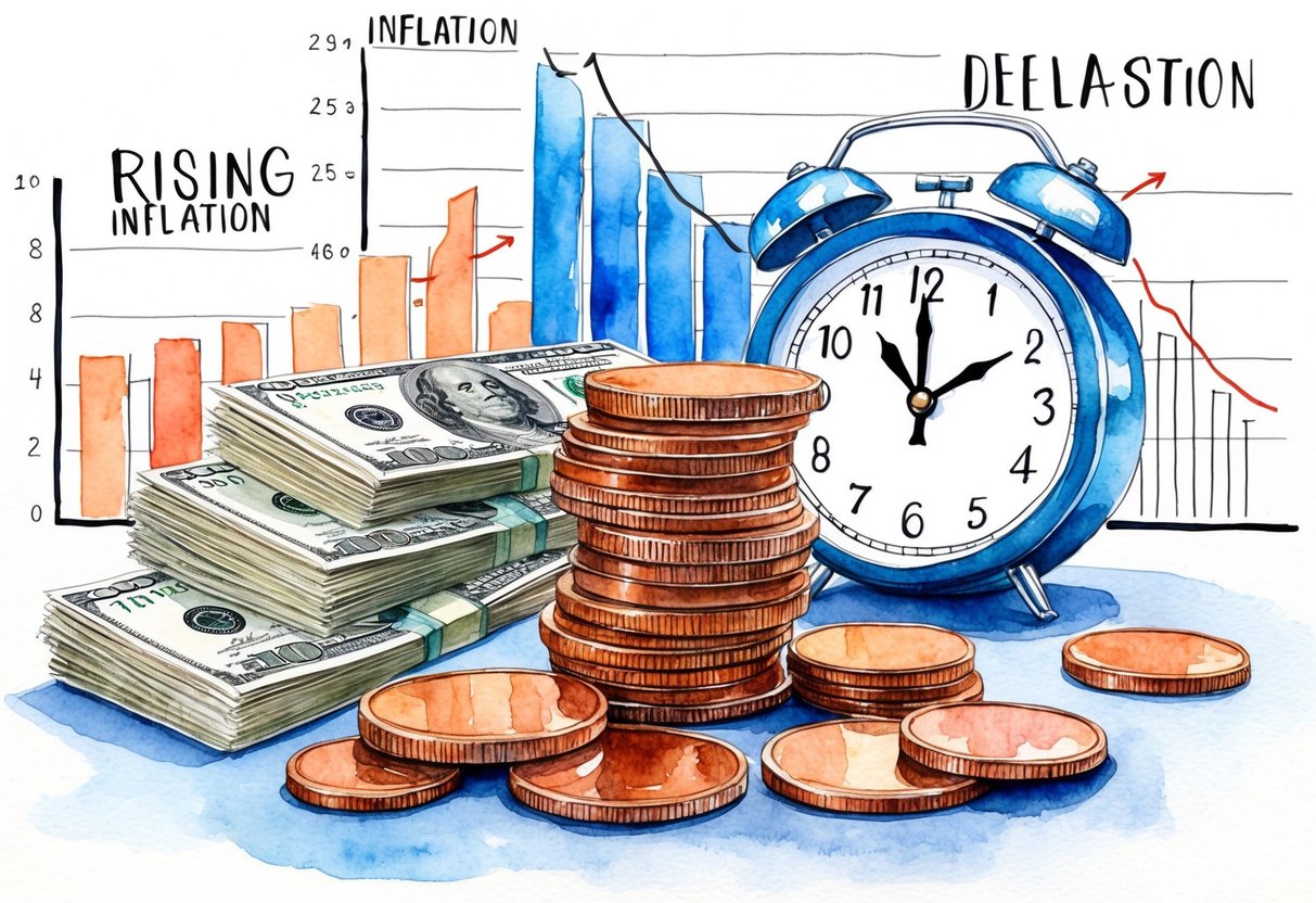 A stack of coins and dollar bills surrounded by rising inflation charts and graphs. A clock showing retirement age decreasing