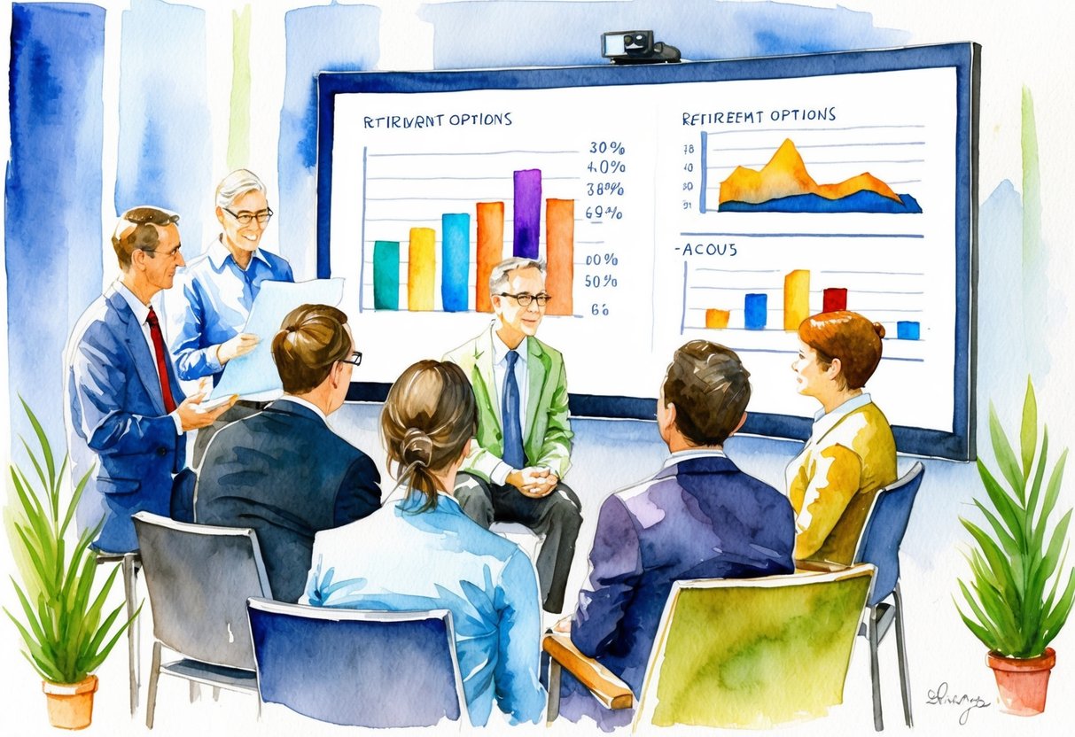 A group of people discussing retirement options with charts and graphs displayed on a large screen