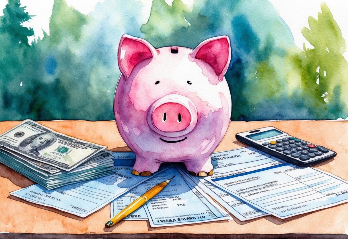 A piggy bank sits on a table surrounded by various income sources such as a paycheck, investment statements, and a retirement account statement