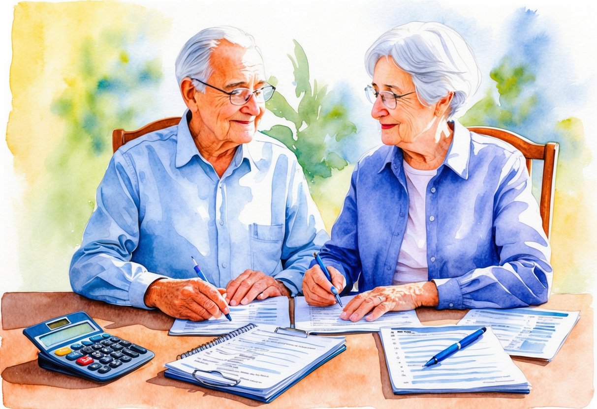 A serene elderly couple sits at a table, surrounded by financial documents. A calculator and notepad are in front of them as they discuss retirement budgeting