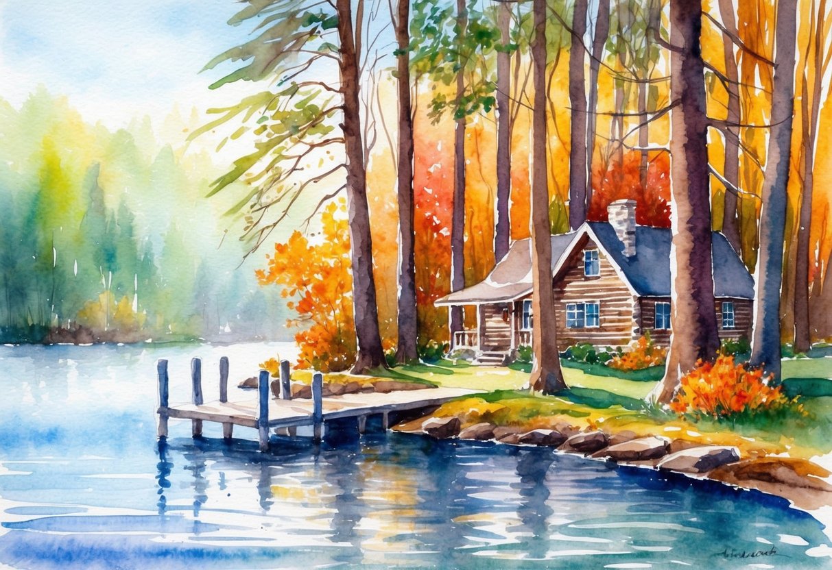 A serene lakeside with a dock and a cozy cabin nestled among tall trees, surrounded by vibrant foliage in the midst of autumn