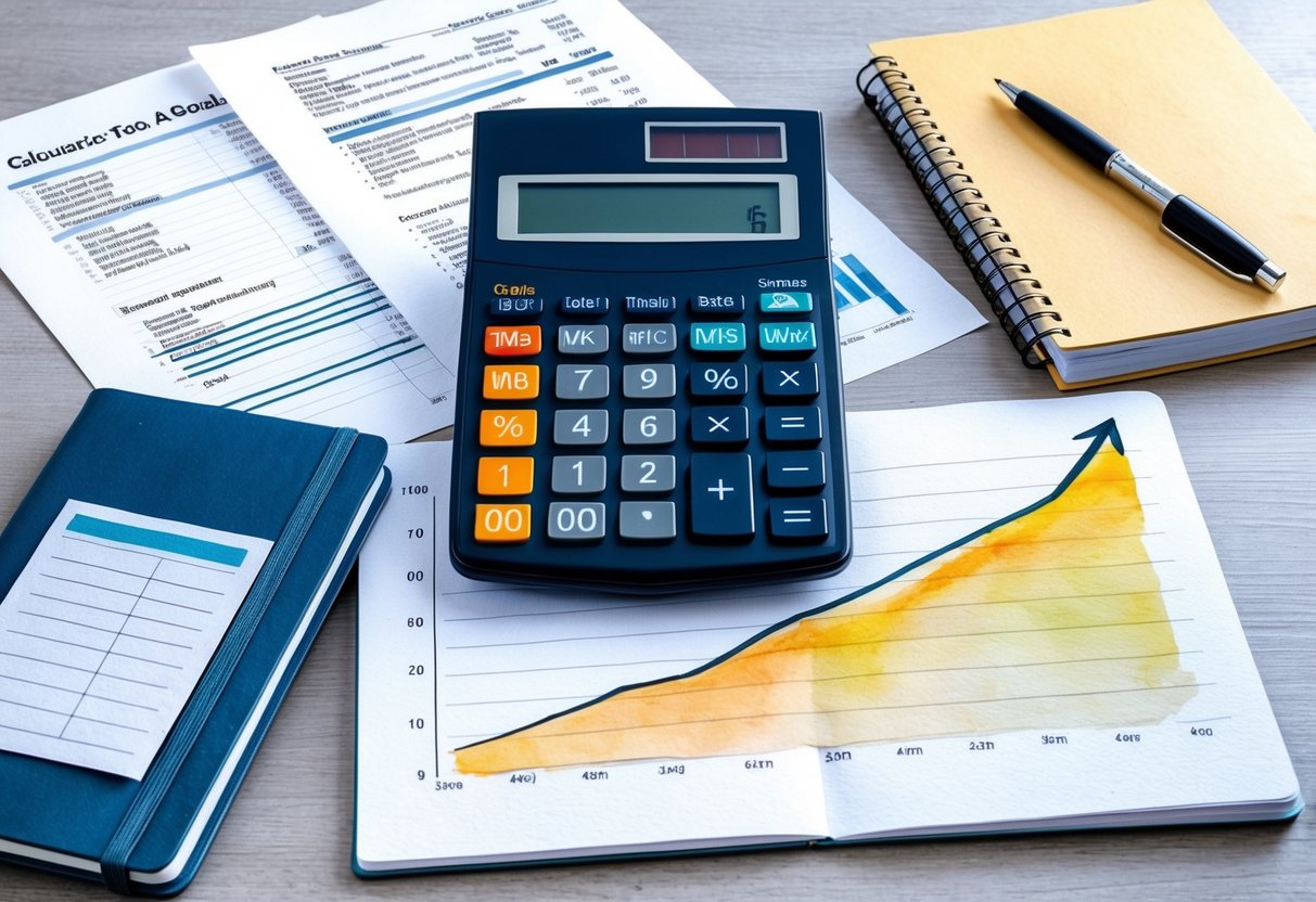 A calculator sits on a desk, surrounded by financial documents and a notebook. A graph shows a steady upward trend, indicating progress towards retirement goals