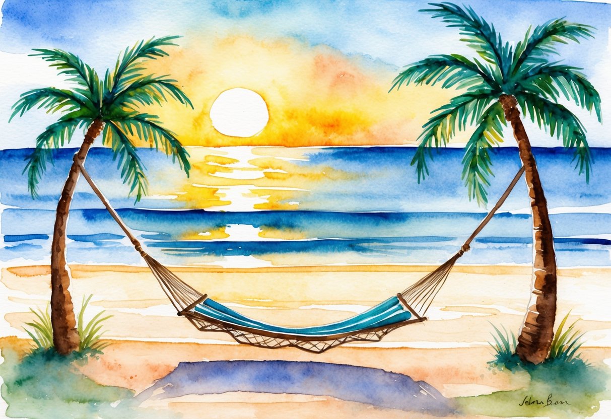 A serene beach with a hammock, palm trees, and a calm ocean reflecting a sunset, symbolizing financial freedom and retirement