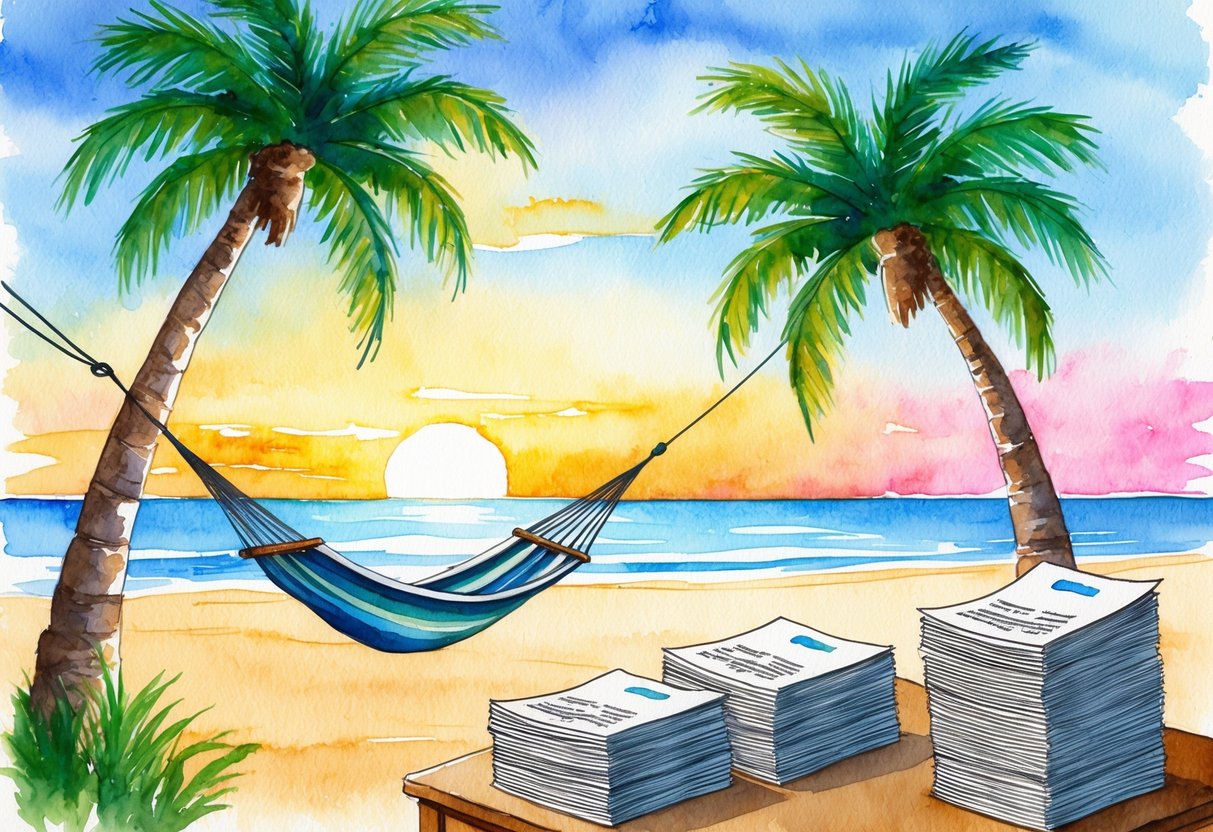 A serene beach at sunset, with a hammock strung between two palm trees and a stack of financial documents on a nearby table