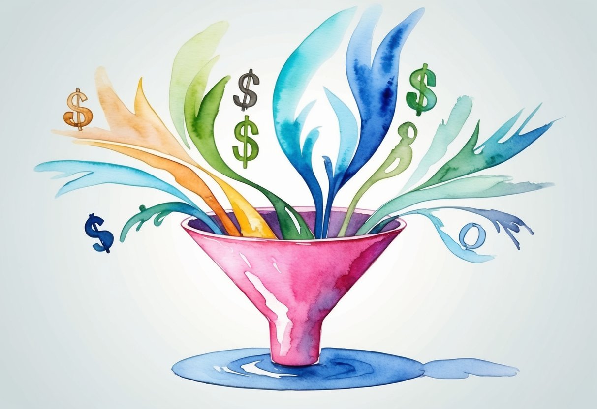 A diverse array of income sources flowing into a funnel, with various streams merging and converging to illustrate the concept of maximizing income for early retirement
