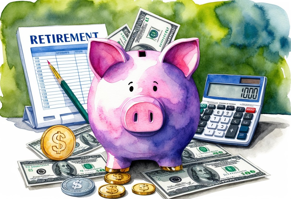 A piggy bank surrounded by various symbols of saving and investing, such as a coin, dollar bills, and a stock certificate, with a retirement calculator in the background