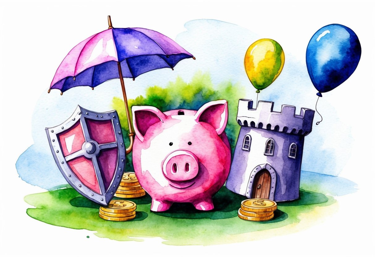 A piggy bank surrounded by a shield, umbrella, fortress, and balloon, symbolizing protection from inflation for financial products