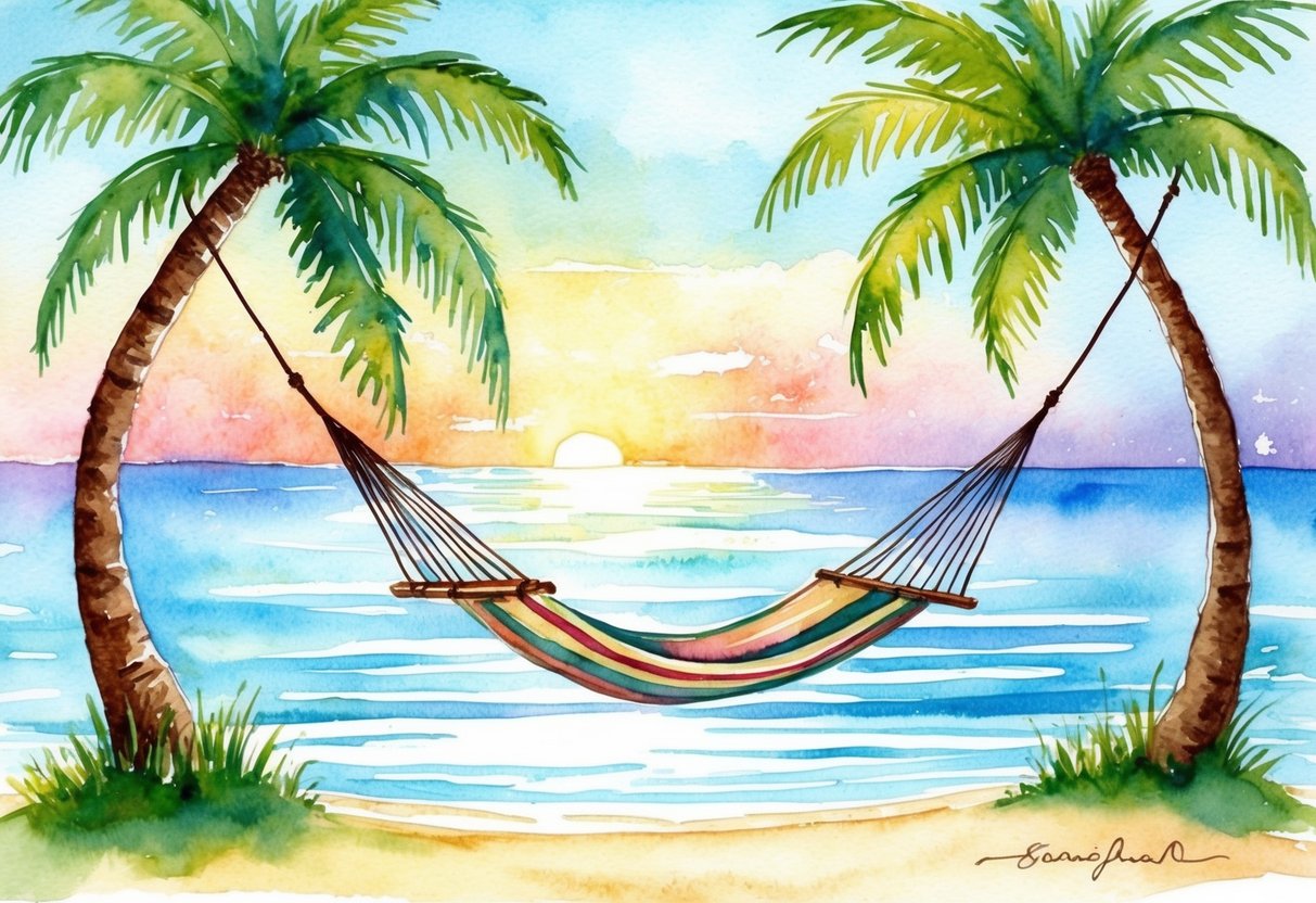 A serene beach with a hammock strung between two palm trees, overlooking a calm ocean with a sunset in the background