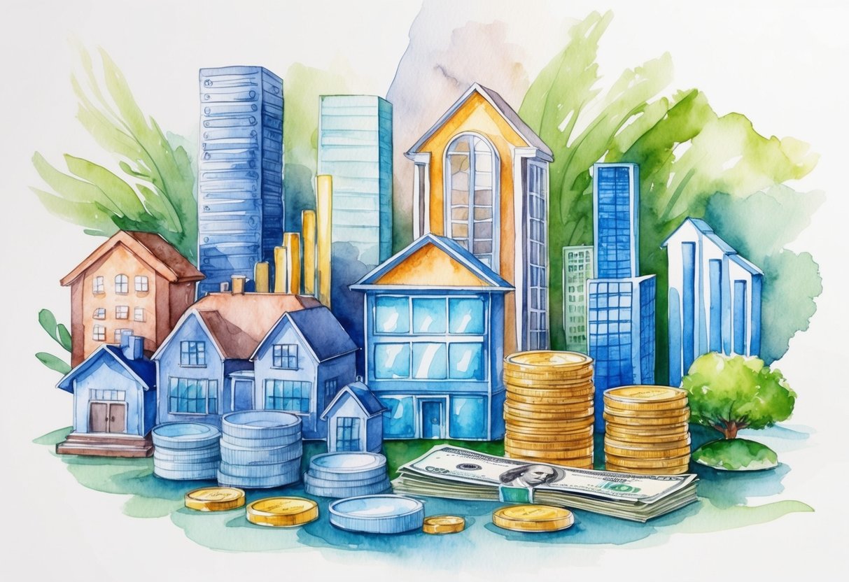 A diverse collection of financial assets and investments, including stocks, bonds, real estate, and retirement accounts, displayed with a focus on growth and diversification