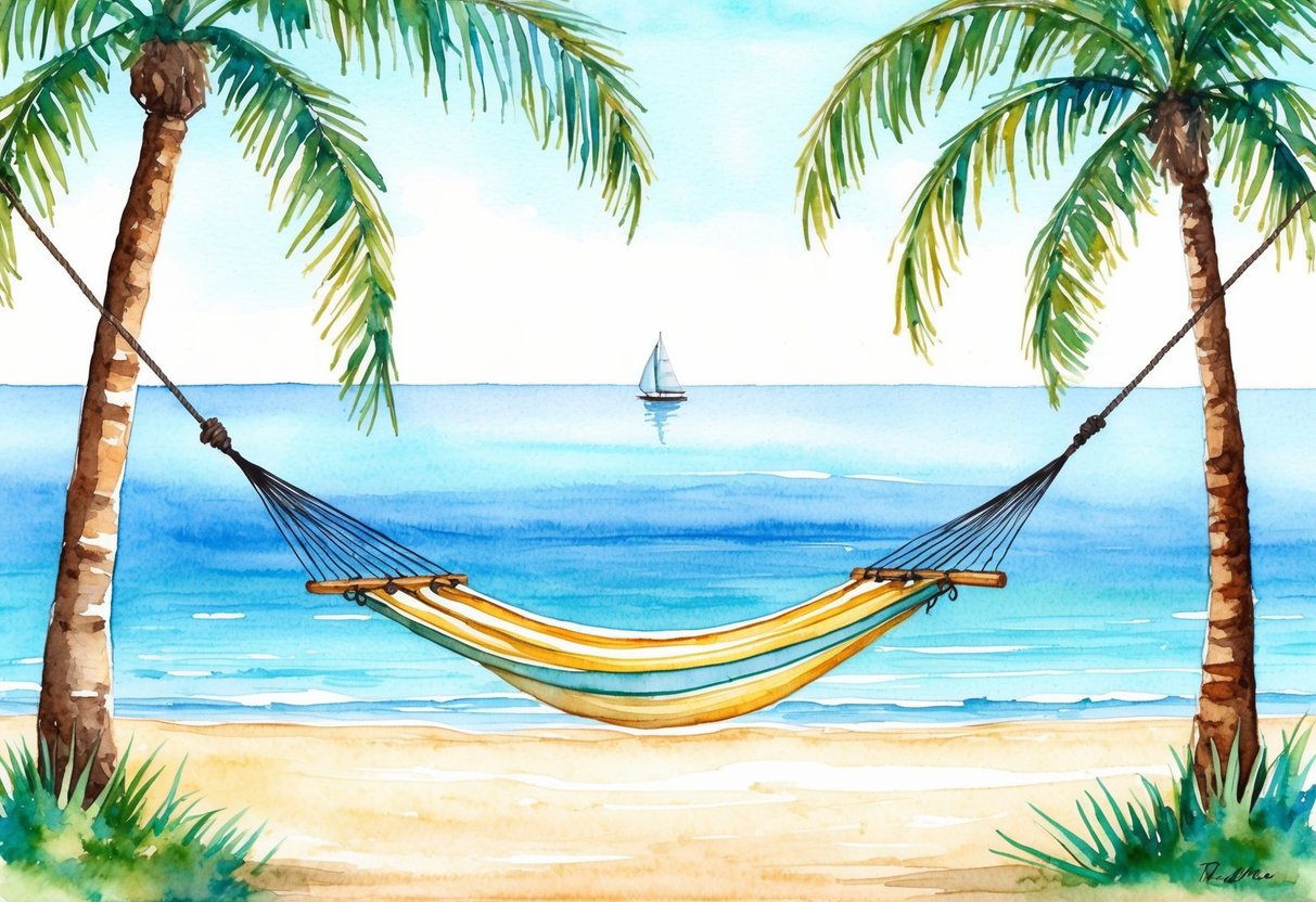 A serene beach with a hammock strung between two palm trees, overlooking a calm, crystal-clear ocean with a small sailboat in the distance