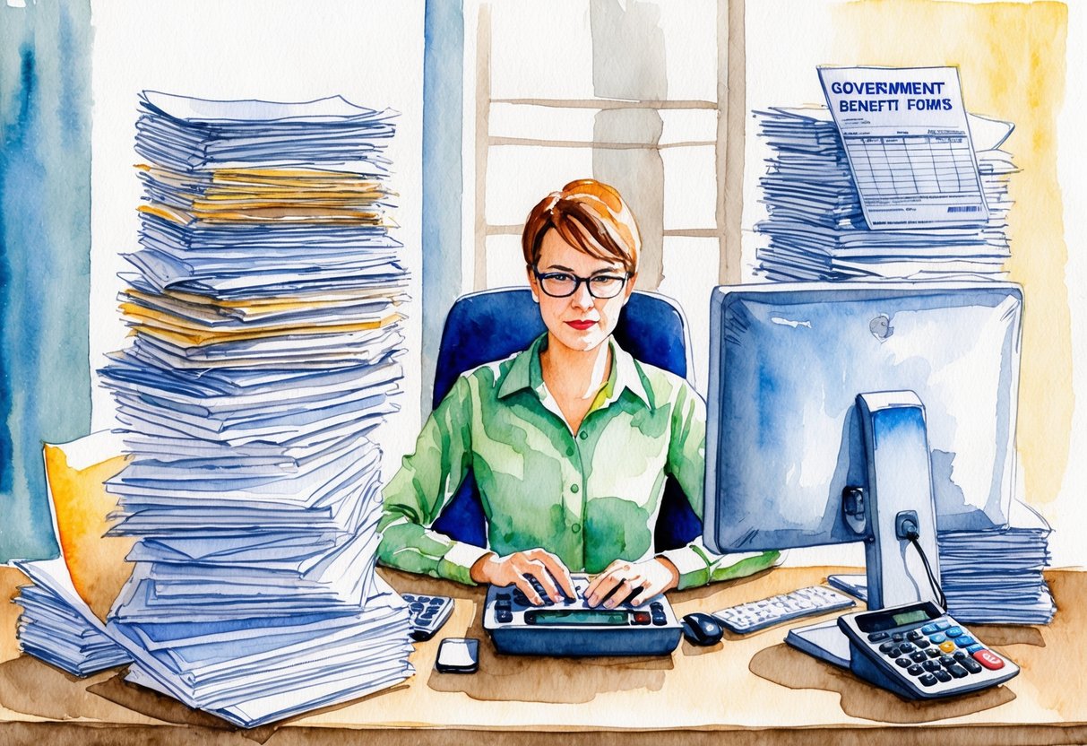 A person sitting at a desk surrounded by stacks of papers, calculator, and computer. On one side, government benefit forms, on the other, private investment documents
