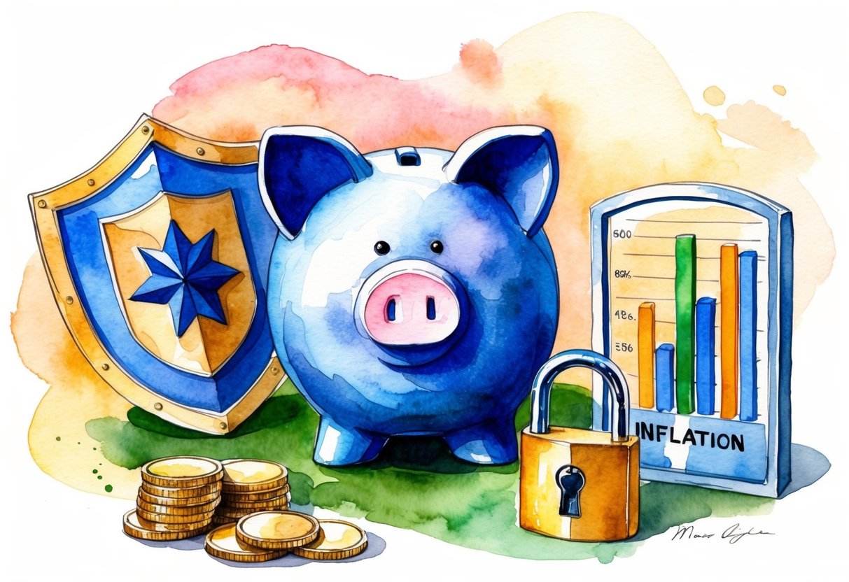A piggy bank surrounded by a shield, a safe, a lock, and a bar graph showing inflation