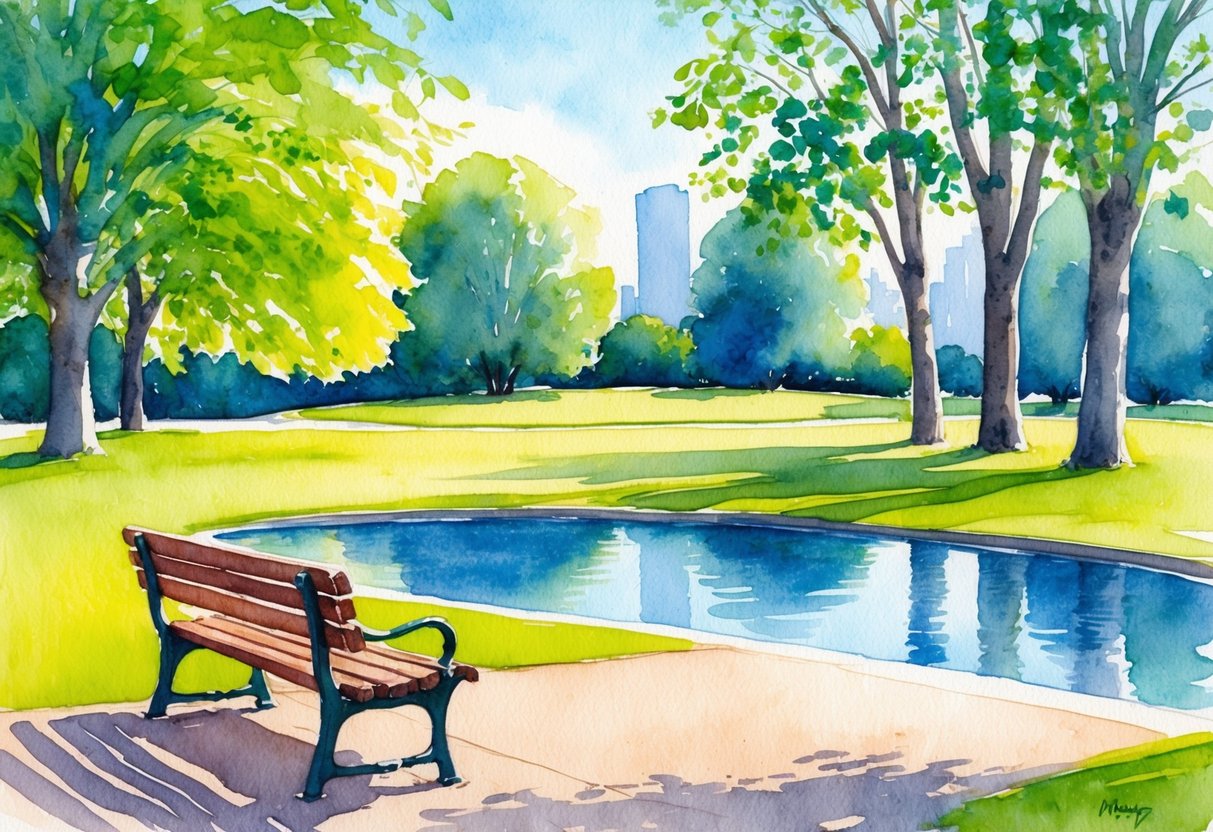 A serene, sunlit park with a bench overlooking a peaceful pond, surrounded by lush greenery and tall trees, evoking a sense of financial security and tranquility