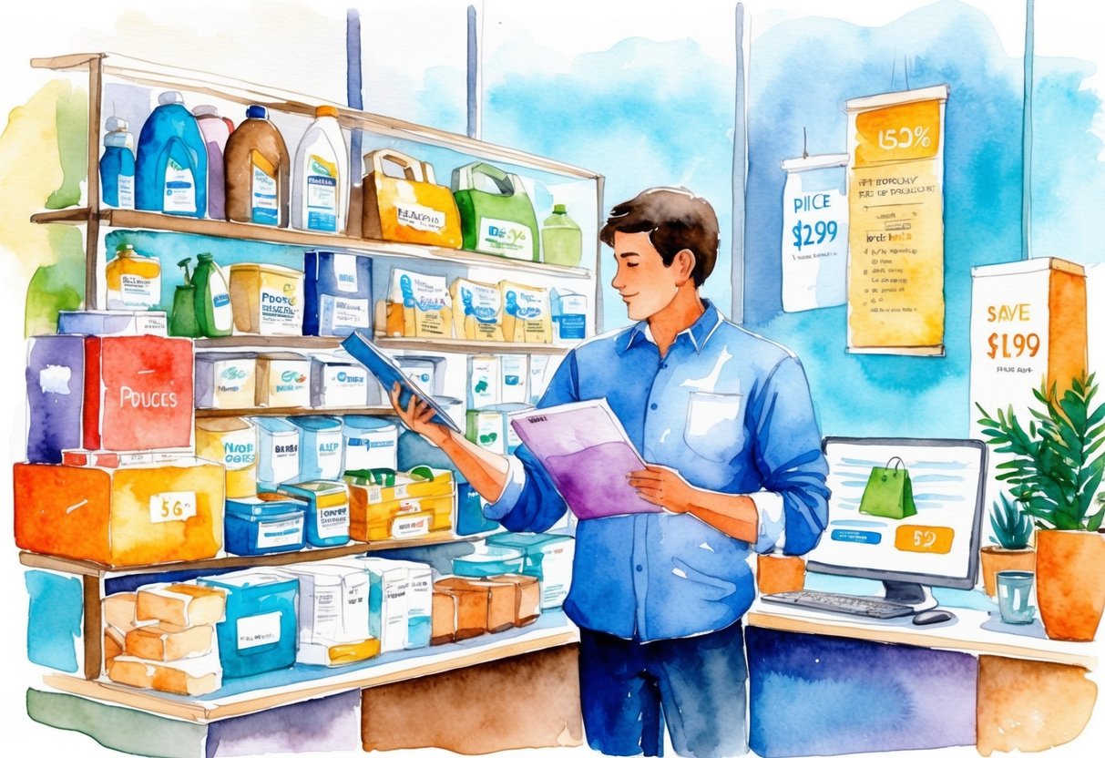 A person browsing through a variety of products and services, comparing prices and looking for discount offers to maximize their savings