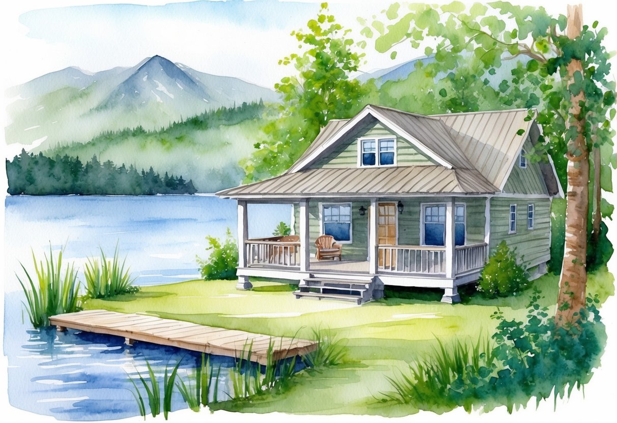 A serene lakeside cabin with a cozy porch, surrounded by lush greenery and mountains in the distance, with a peaceful and relaxed atmosphere