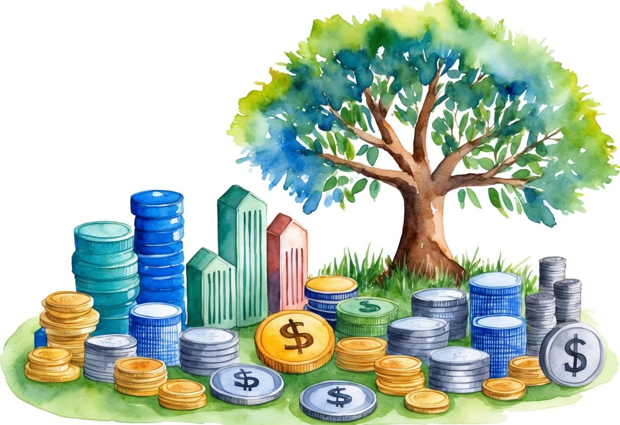 A diverse array of financial assets, such as stocks, bonds, and real estate, surrounded by a growing tree symbolizing long-term financial stability
