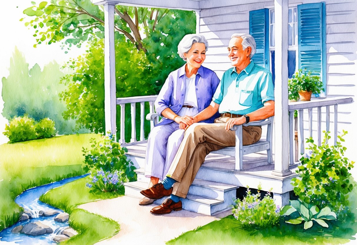 A serene and content elderly couple sits on a peaceful porch, surrounded by lush greenery and a small stream, as they enjoy a leisurely afternoon, representing financial security and retirement at 60 with passive investments