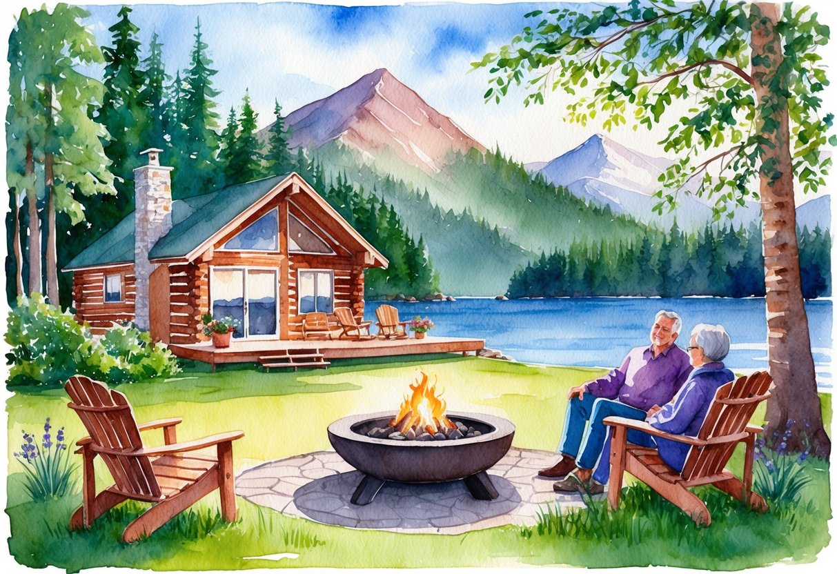 A serene lakeside cabin with a cozy fire pit, surrounded by lush forest and a mountain backdrop, with a peaceful retirement couple enjoying the tranquil setting