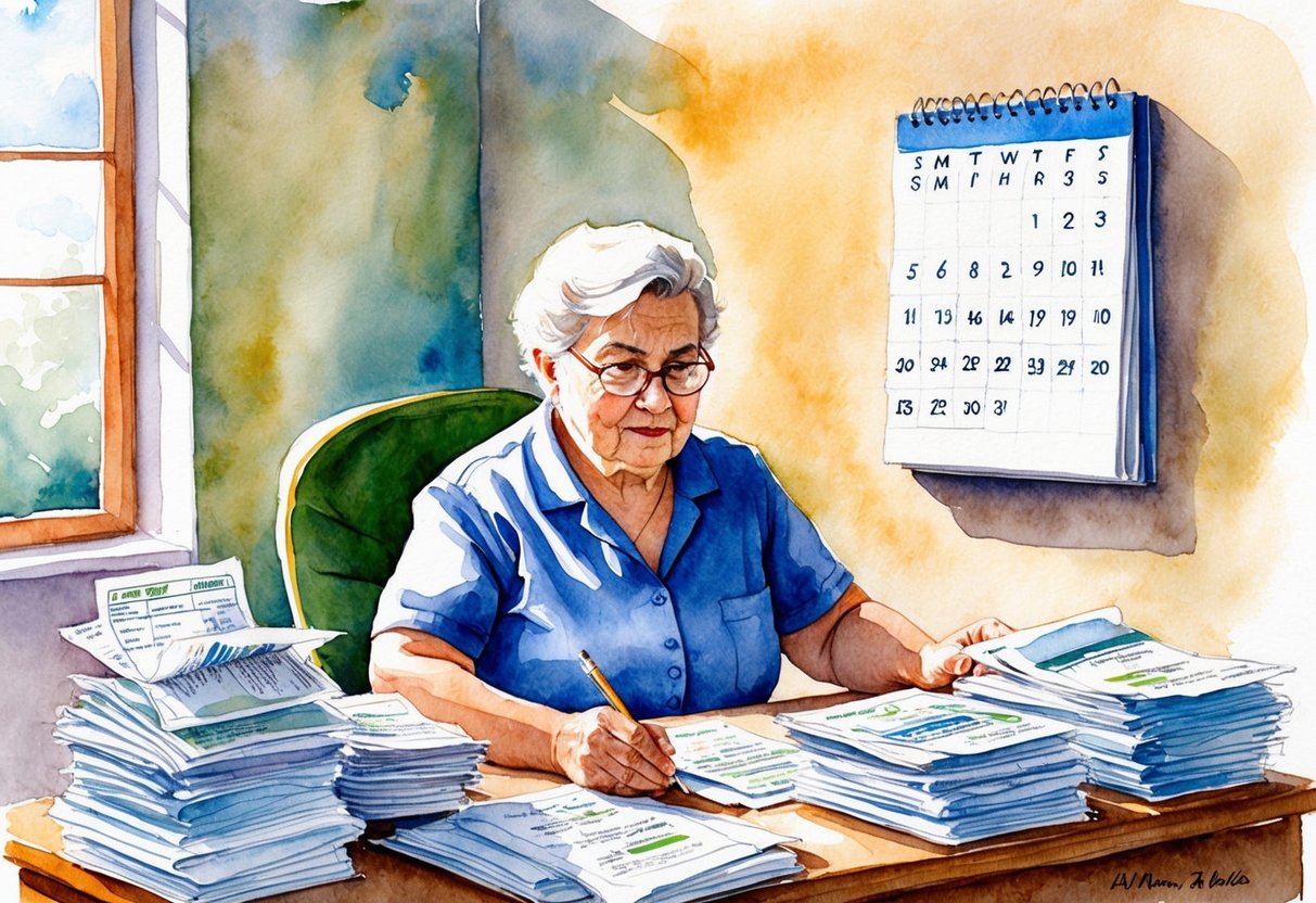 An older worker sitting at a desk, surrounded by medical bills and paperwork. A calendar on the wall shows the passing of time