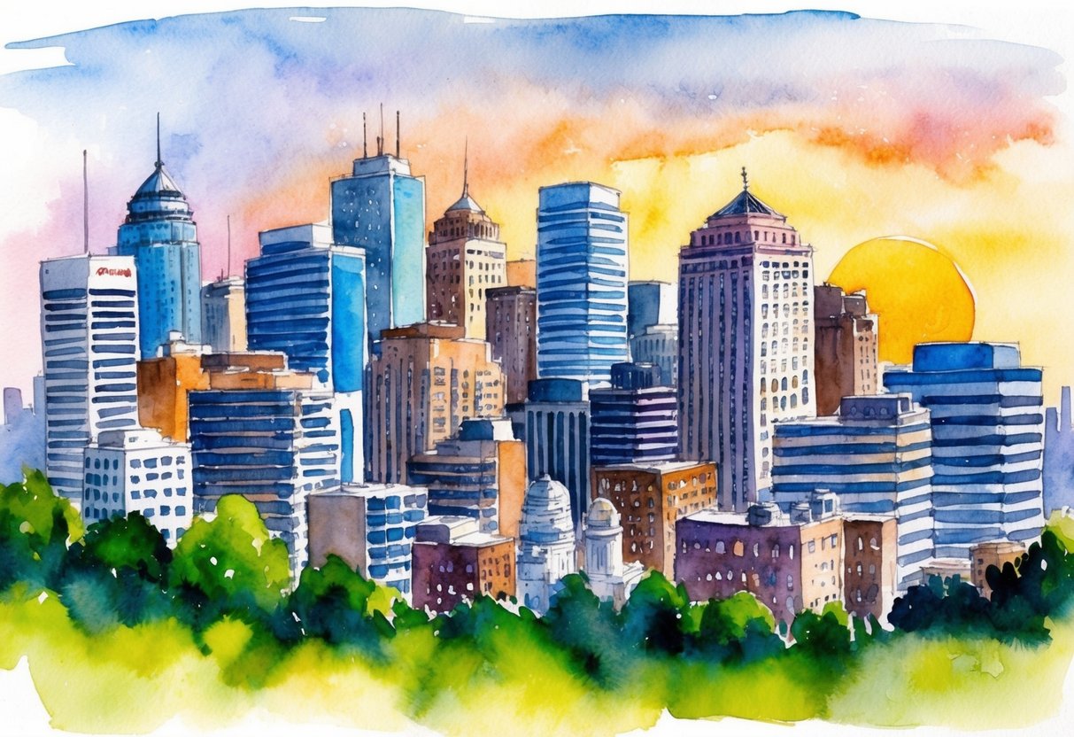 A bustling city skyline with a mix of commercial and residential buildings, surrounded by greenery and a sunset in the background