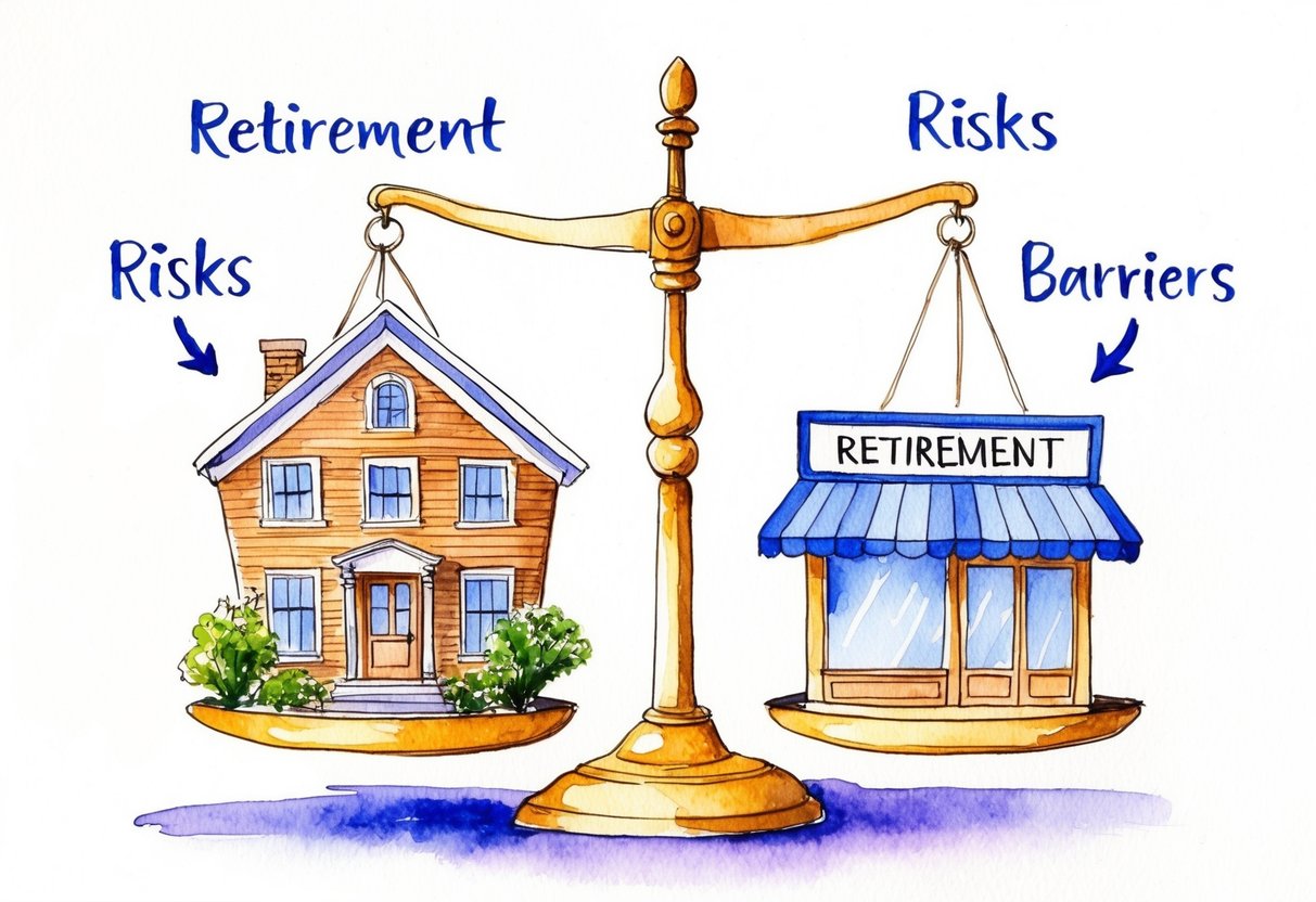A scale weighing a house and a storefront, with arrows pointing to "retirement" on one side and "risks" and "barriers" on the other