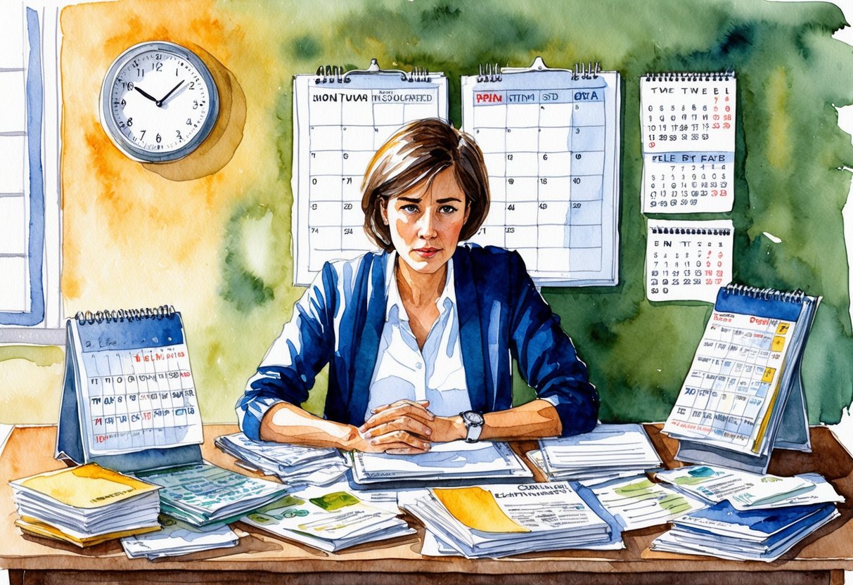 A person sitting at a cluttered desk, surrounded by calendars, financial documents, and a clock ticking away the time. A look of concern and contemplation on their face