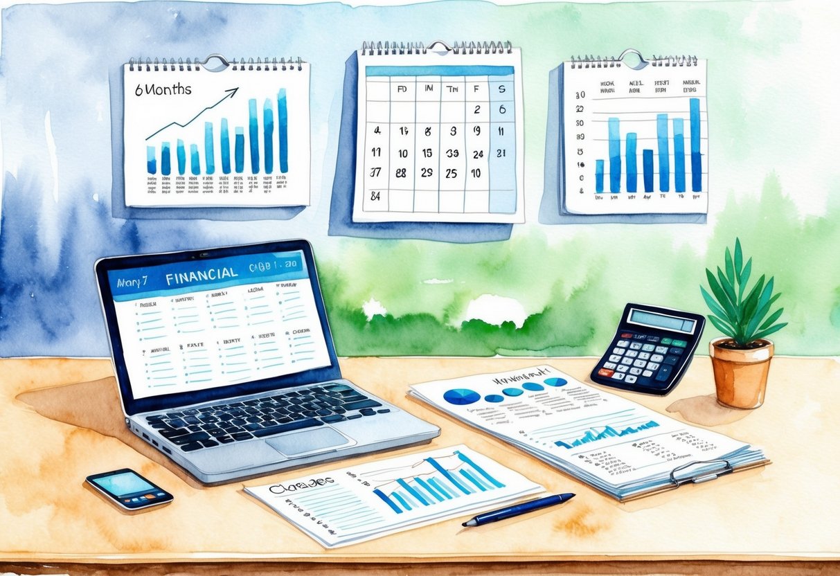 A desk with a laptop, calculator, and financial documents. A calendar showing 6 months. Charts and graphs on the wall