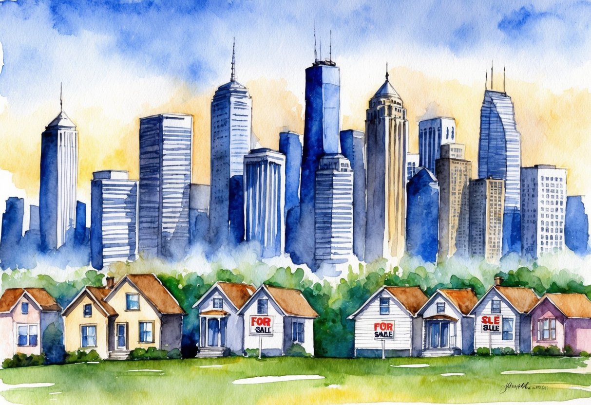 A bustling city skyline with skyscrapers and office buildings on one side, and a row of suburban houses with "For Sale" signs on the other