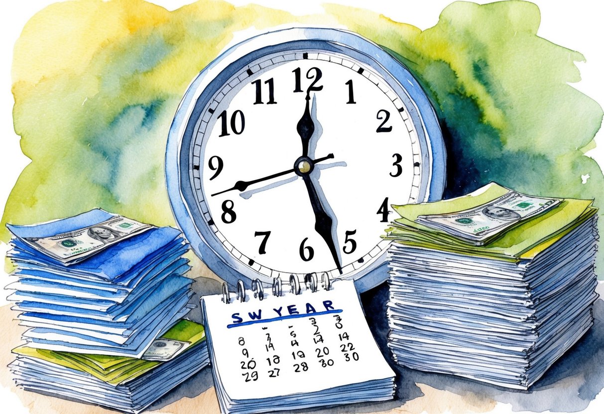 A clock ticking past retirement age, surrounded by stacks of bills and financial documents. A calendar with the date crossed out, emphasizing the five-year delay