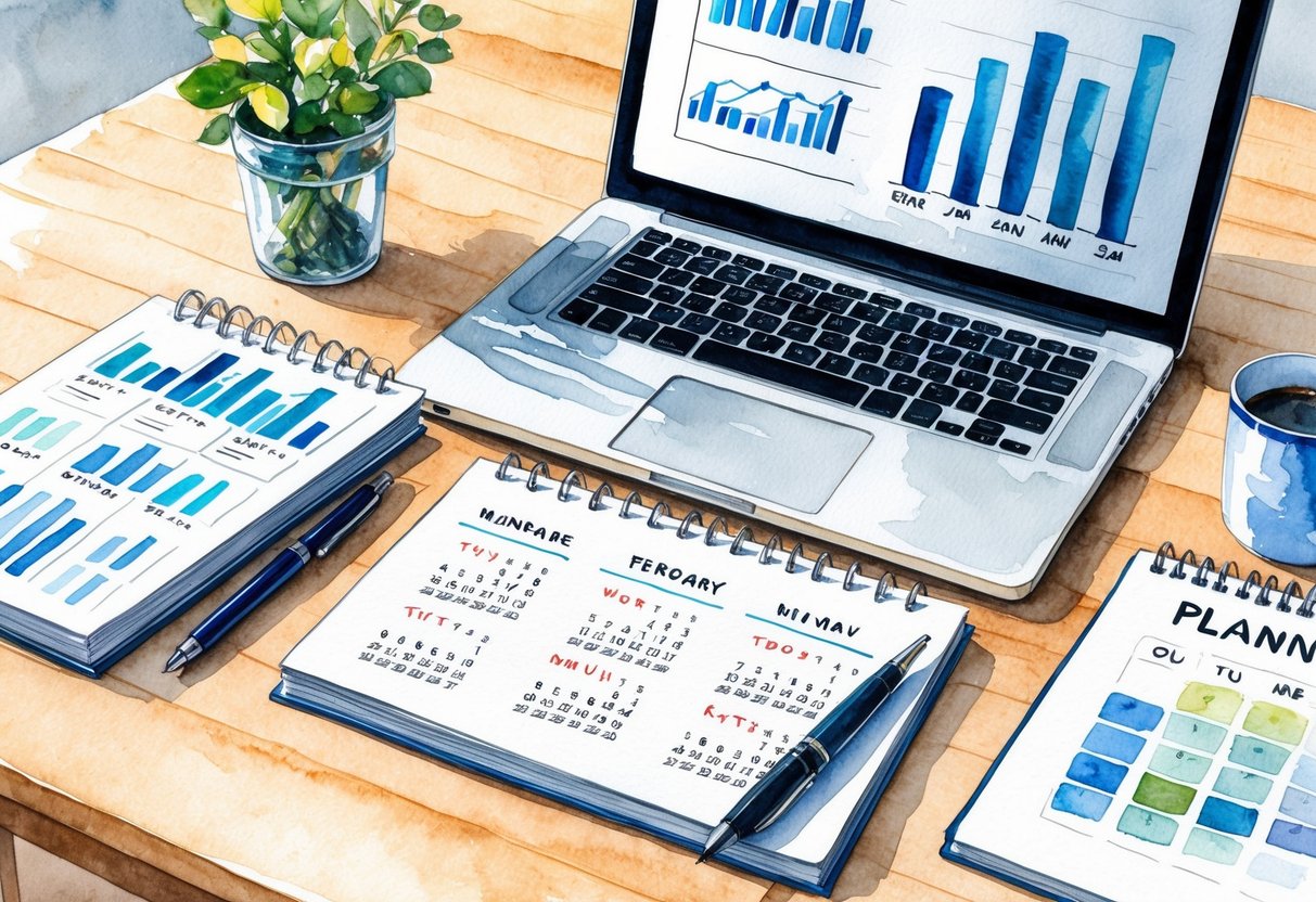 A desk with a laptop, financial charts, and a calendar showing six months. A pen and notepad for planning