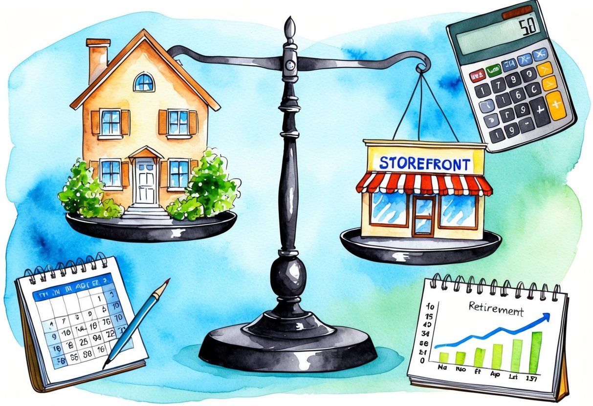 A scale with a house on one side and a storefront on the other, surrounded by a calendar, calculator, and retirement savings graph