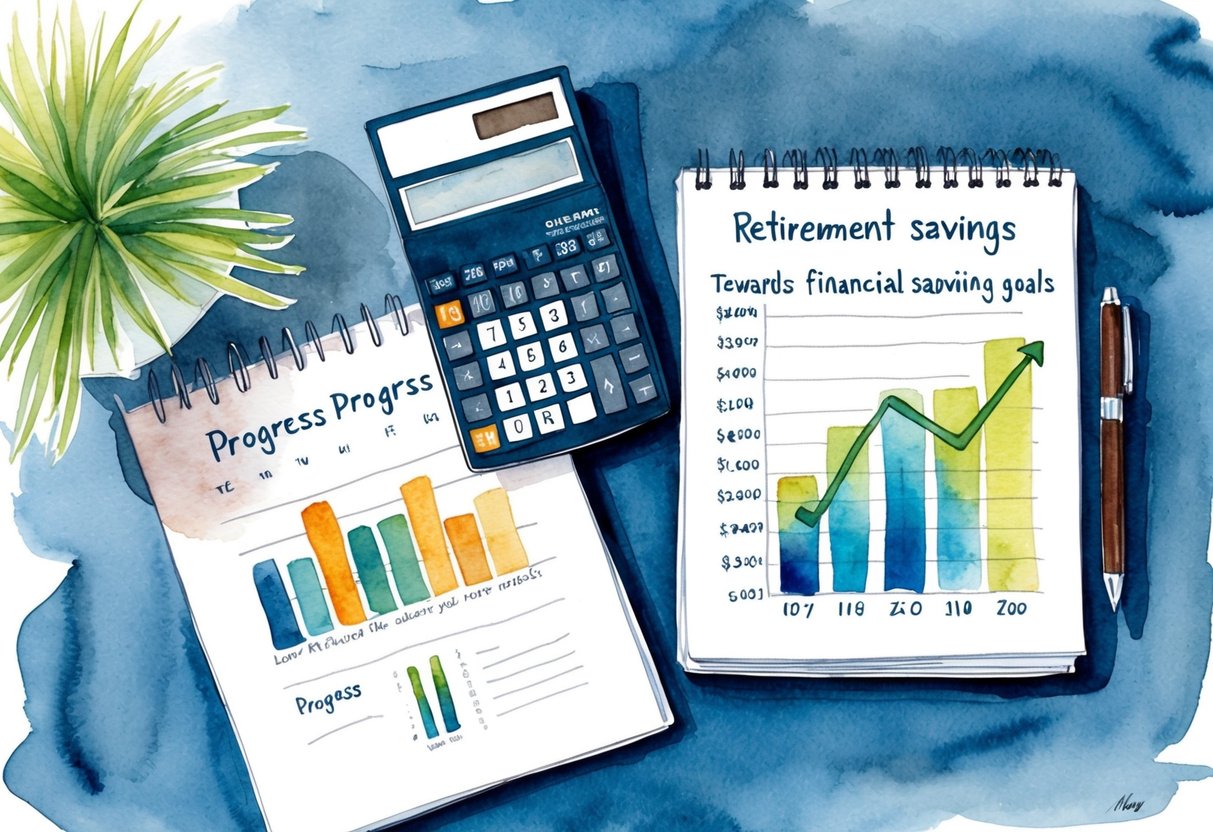 A desk with a calendar, calculator, and financial documents. A chart showing progress towards retirement savings goals