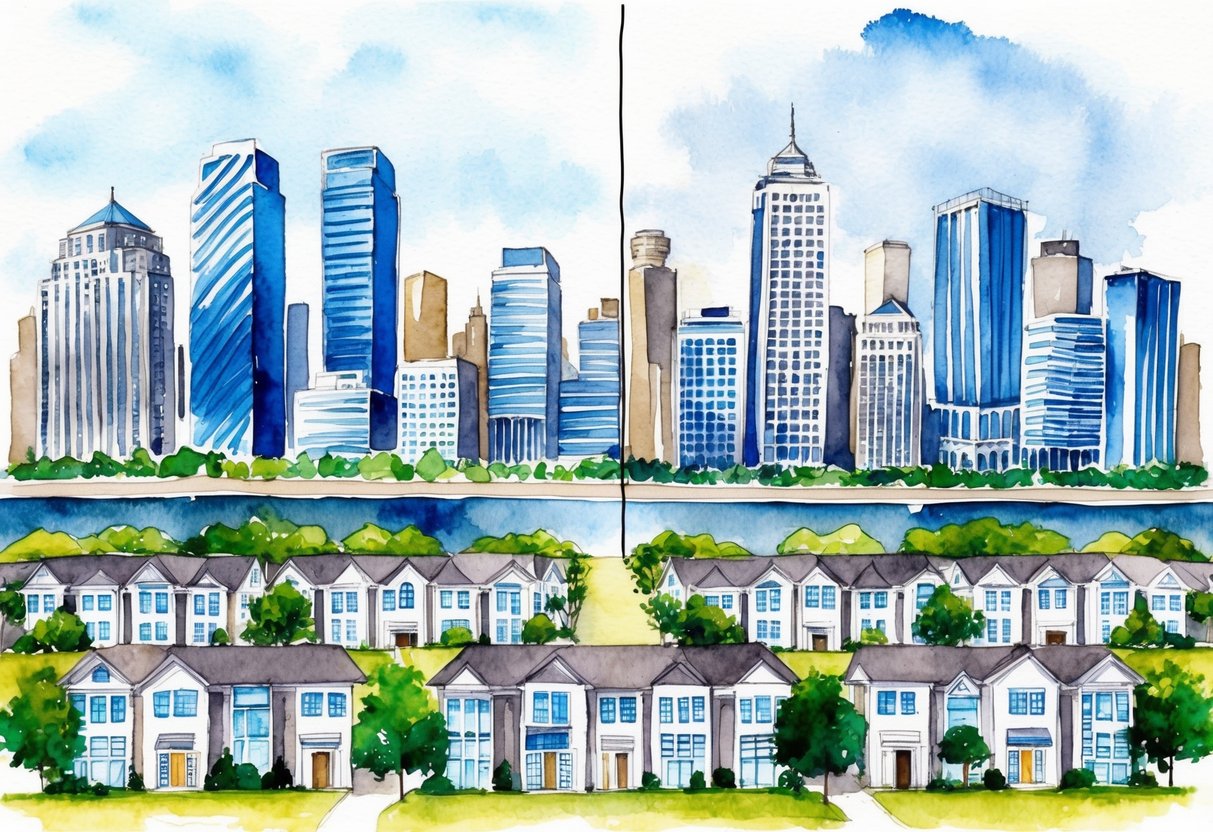A bustling city skyline with towering office buildings on one side and rows of suburban houses on the other, symbolizing the choice between real estate and business for retirement