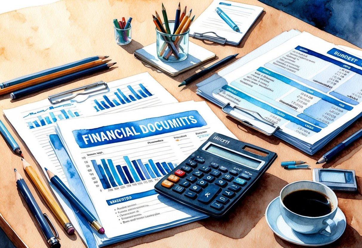 A table with financial documents, calculator, and budgeting spreadsheets laid out, surrounded by pens, pencils, and a cup of coffee