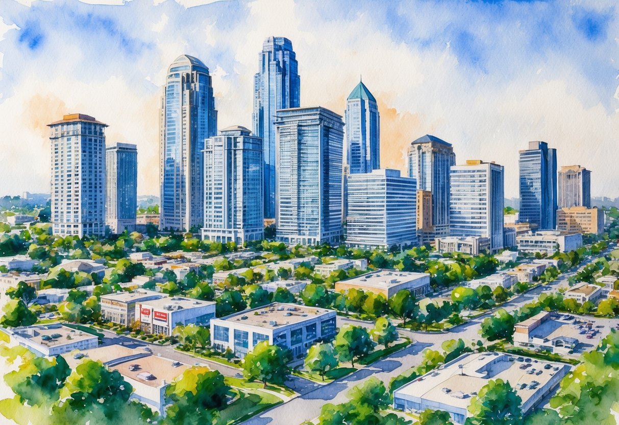 A bustling city skyline with a mix of towering office buildings and residential high-rises, surrounded by a lush suburban landscape with various businesses and real estate properties