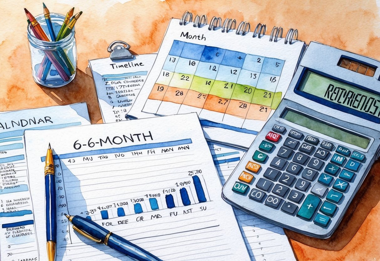 A desk cluttered with financial documents, a calendar with a six-month timeline, and a calculator with retirement savings calculations