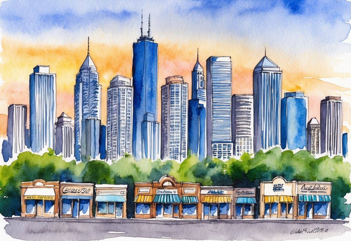 A bustling city skyline with skyscrapers representing real estate, and a row of storefronts symbolizing business, set against a sunset sky