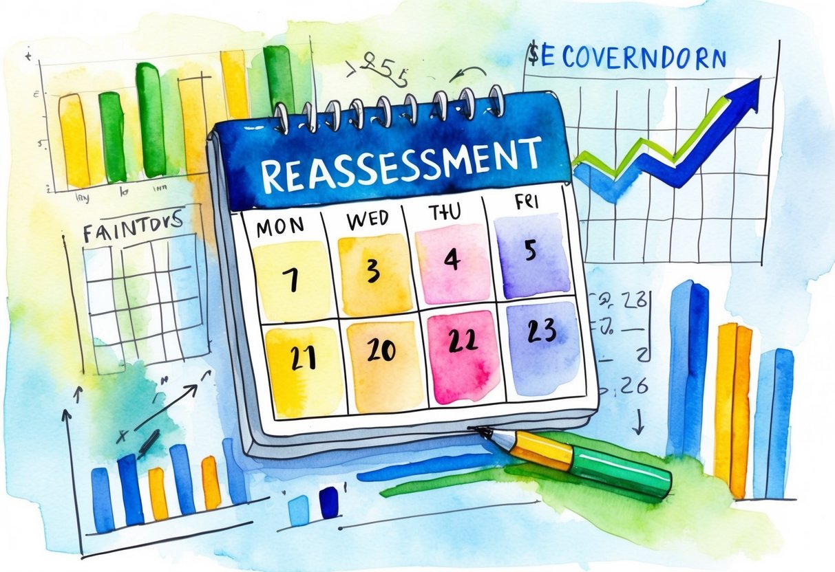 A calendar with six months highlighted, surrounded by financial charts and graphs, with arrows pointing towards reassessment