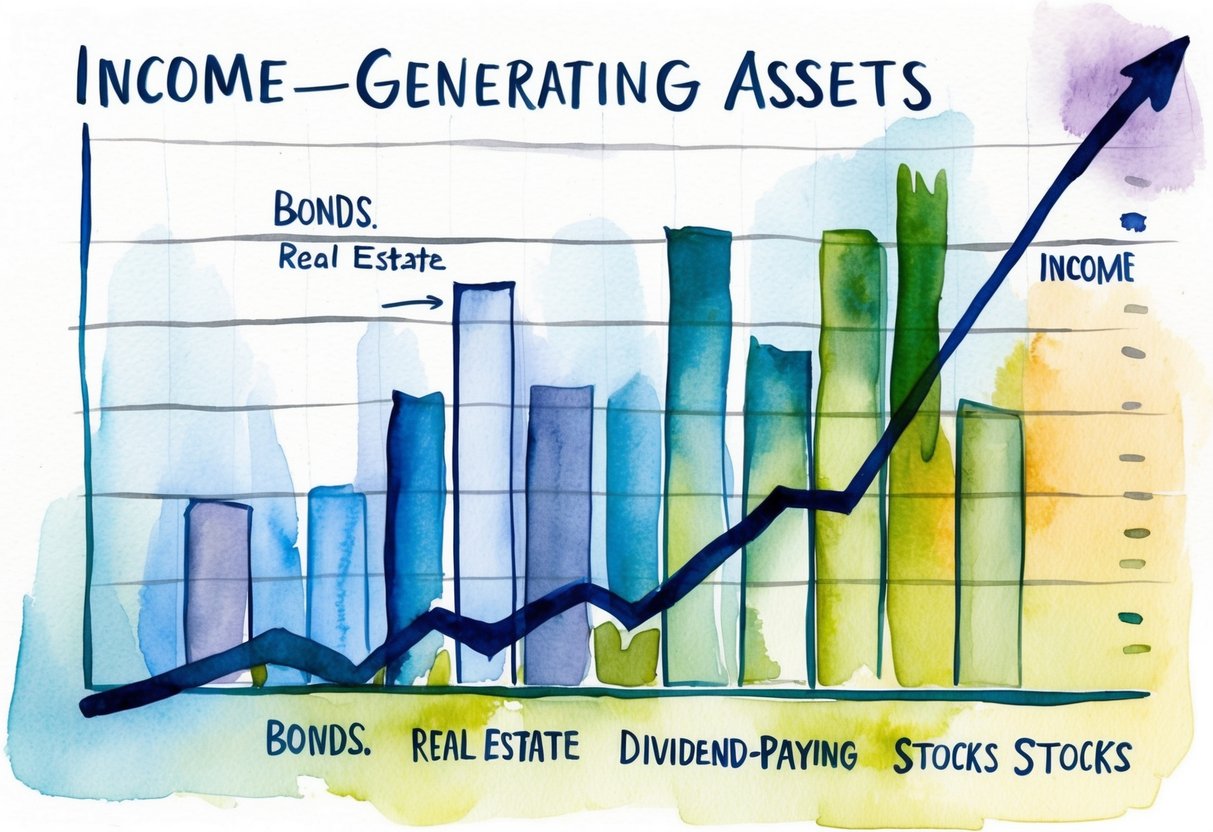 A diverse mix of income-generating assets such as bonds, real estate, and dividend-paying stocks displayed on a portfolio chart