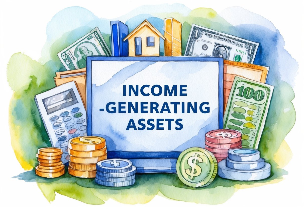 A diverse range of income-generating assets, such as real estate, bonds, and dividend-paying stocks, are arranged in a portfolio